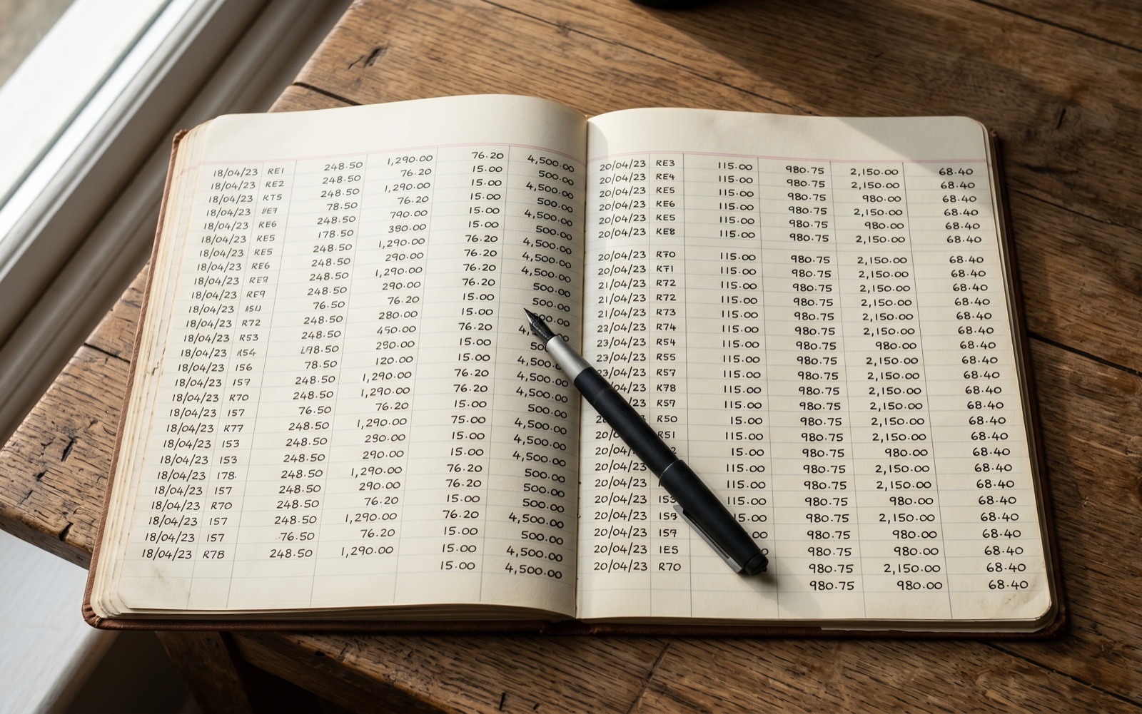 Handskriven liggare med siffror och en penna på ett träbord