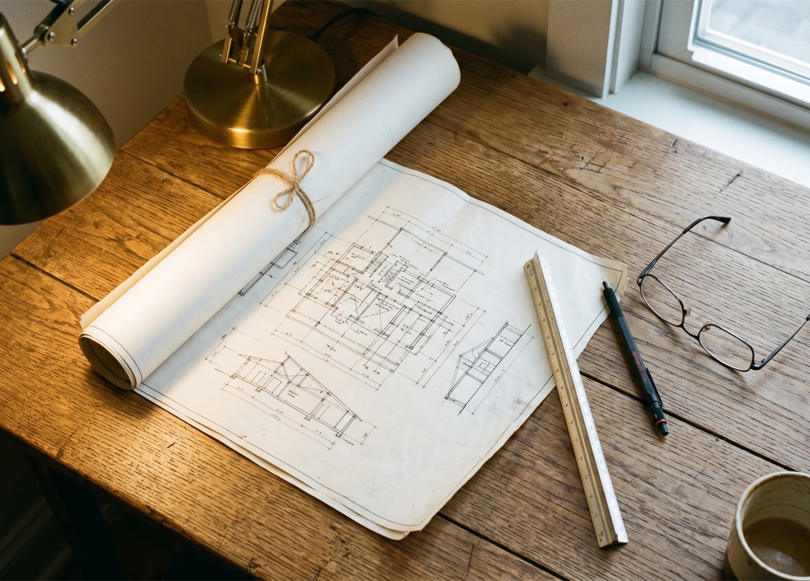 Ritning och arkitektverktyg på träbord